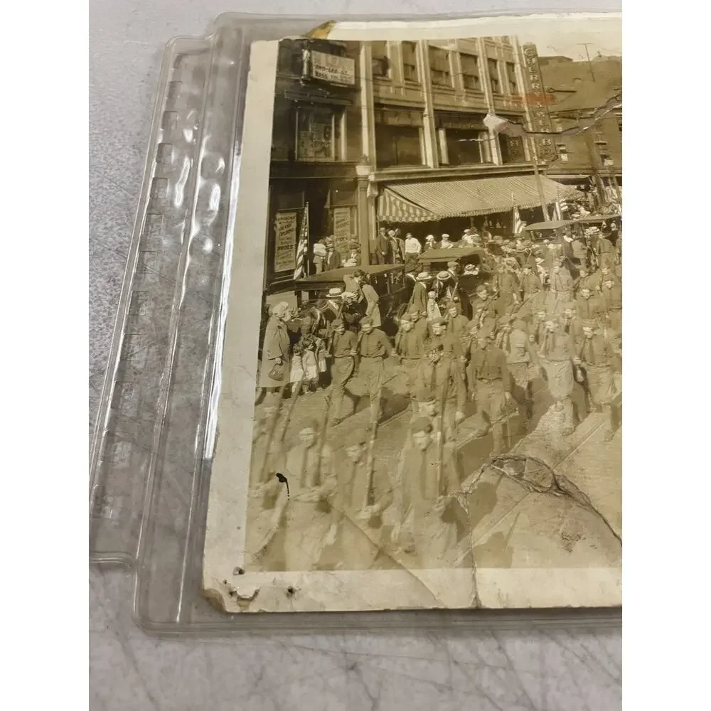 Antique WWI Military Soldiers Parade Photo Downtown Street Scene Massachusetts
